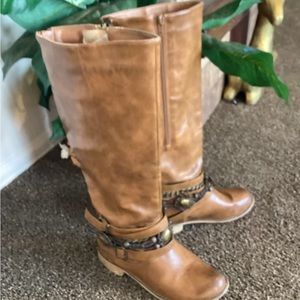 Western Style Brown Boots with decorative boot straps and chains. Sides unzip
